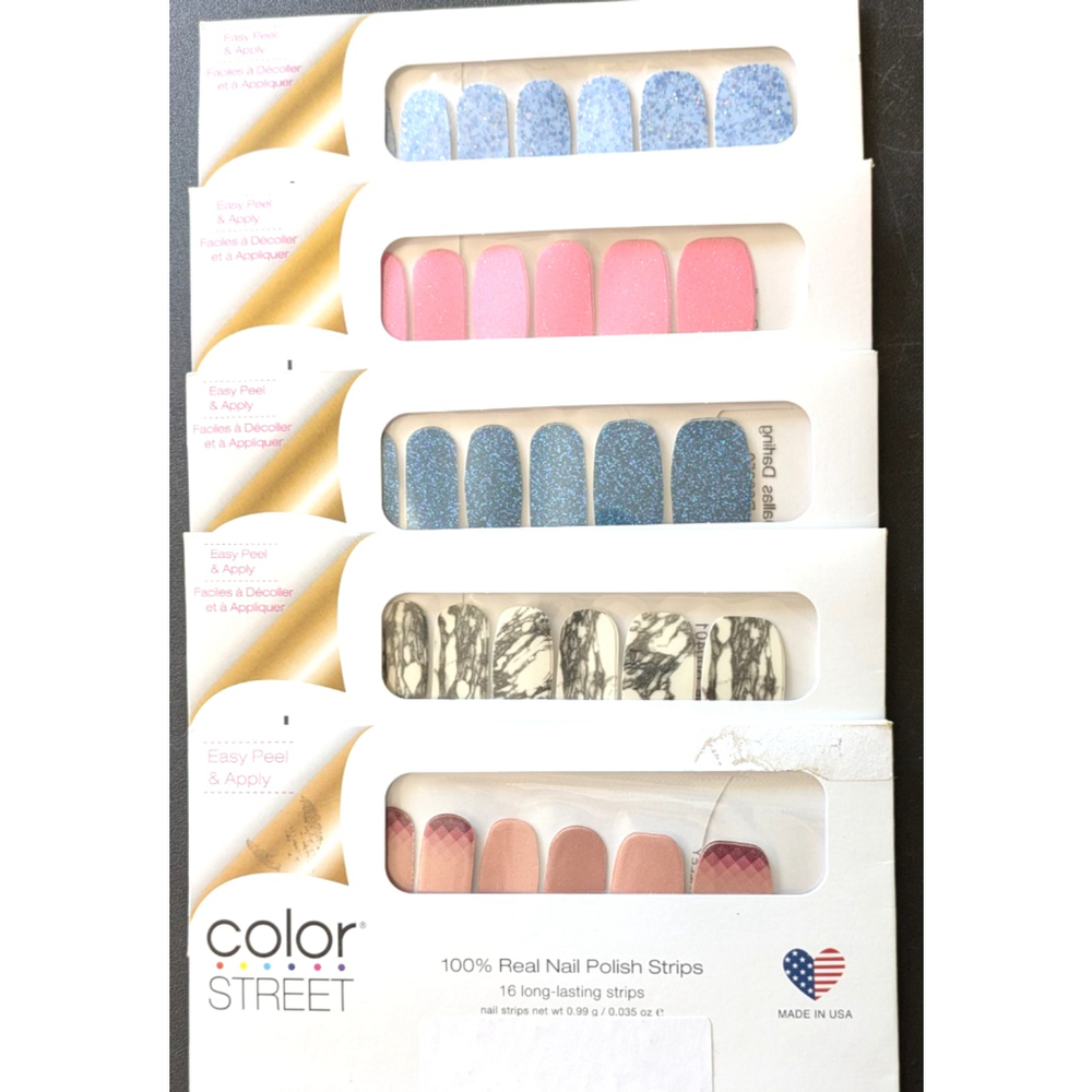 Color Street 100% Real Nail Polish Strips Lot of 5 New Pink Glitter marble blue